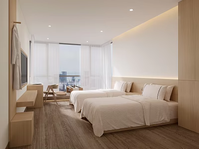 Modern Hotel Room With Twin Beds Wooden Flooring White Curtains Large Windows And City View 3d model