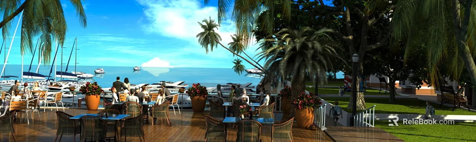 Seaside Garden Landscape Outdoor Seating Area With Palm Trees Flower Pots And Ocean View 3d model 