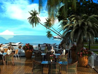 Seaside Garden Landscape Outdoor Seating Area With Palm Trees Flower Pots And Ocean View 3d model