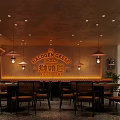 Vintage Restaurant Interior Design With Wooden Tables Chairs Pendant Lights And Staircase Partition