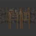 Medieval Brick Walls Wooden Structure With Platform Barrels And Ladder 3d model