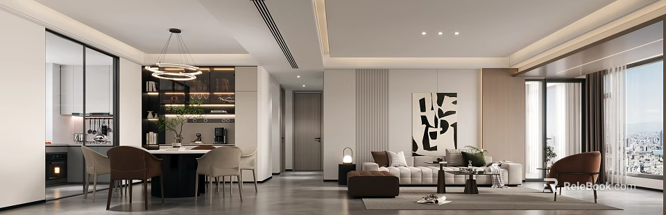 Modern Open Concept Living Dining Room Interior With Neutral Sofa Dining Table And Artwork 3d model