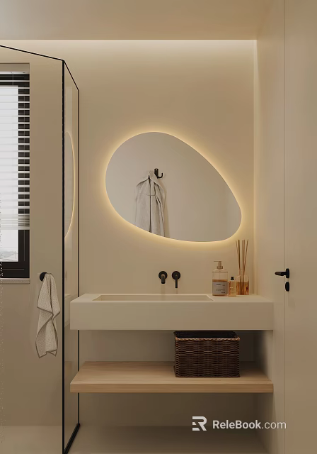 Modern Bathroom Interior With Backlit Oval Mirror White Sink Countertop Toiletries And Hanging Towel 3d model 