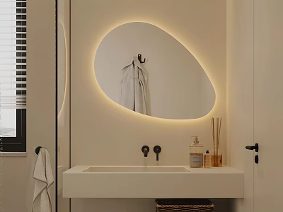 Modern Bathroom Interior With Backlit Oval Mirror White Sink Countertop Toiletries And Hanging Towel 3d model