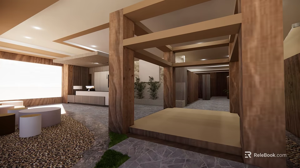 Detached Villa Interior Design With Wooden Structure Courtyard Stone Flooring And Green Plants 3d model 