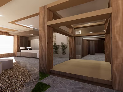 Detached Villa Interior Design With Wooden Structure Courtyard Stone Flooring And Green Plants 3d model