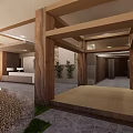 Detached Villa Interior Design With Wooden Structure Courtyard Stone Flooring And Green Plants