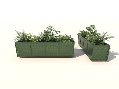 Green Grid Patterned Garden Planters With Ferns And Green Plants 3d model