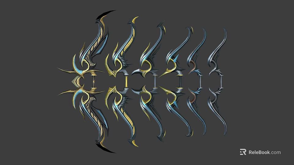 Symmetric Abstract Decorative Patterns With Blue And Yellow Curved Elements 3d model 