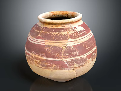 Vintage Striped Ceramic Jar With Reddish Brown And Beige Patterns And Surface Cracks 3d model