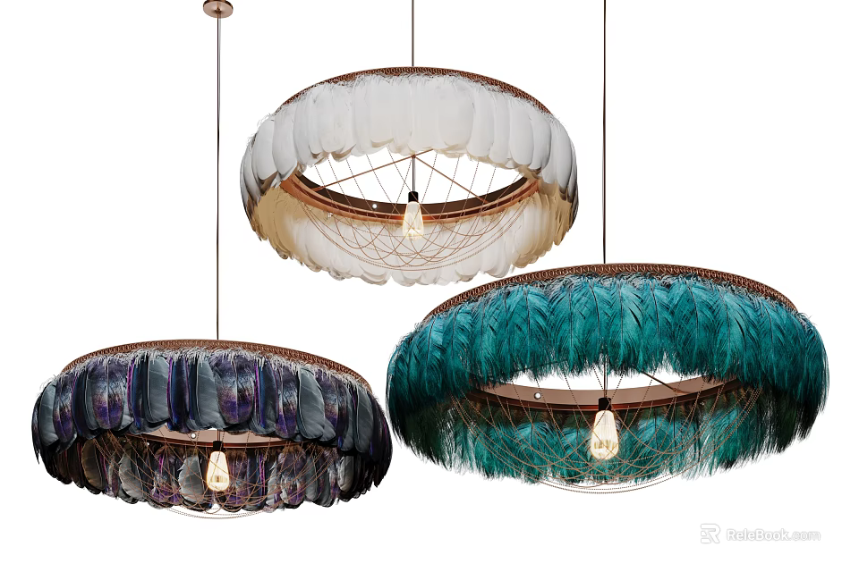 Feather Decorated Circular Chandeliers With Modern Frame For Home Interior Design 3d model 