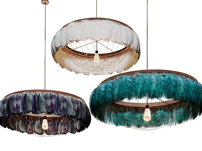 Feather Decorated Circular Chandeliers With Modern Frame For Home Interior Design 3d model