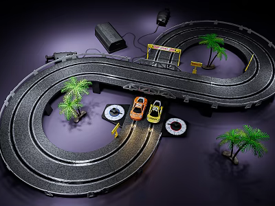 Toy Race Track Play Set With Miniature Cars Palm Trees Tires And Control Console 3d model