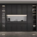 Modern Black Wine Cabinet with Glass Doors and Tiled Backsplash