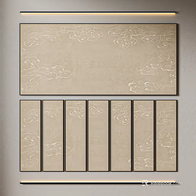 Elegant Bed Background Wall Design With Cloud Pattern Embossed And Multi Panel Beige Layout 3d model