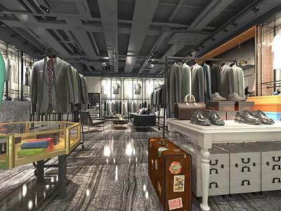 Modern Men's Clothing Store Featuring Suits Ties Shoes on Racks and Display Tables 3d model