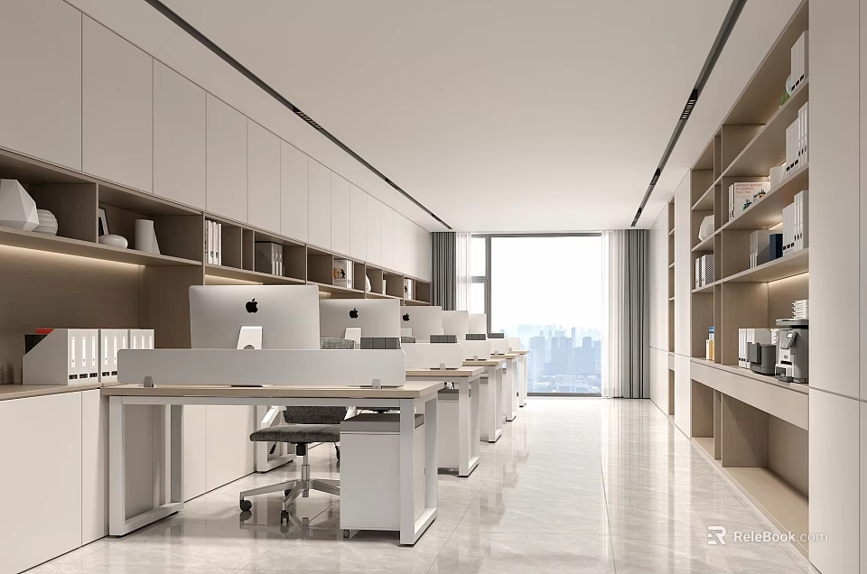 Modern Office Minimalist Interior With Long Work Tables Computers Bookshelves Large Windows And City View 3d model 