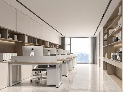Modern Office Minimalist Interior With Long Work Tables Computers Bookshelves Large Windows And City View 3d model