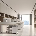 Modern Office Minimalist Interior With Long Work Tables Computers Bookshelves Large Windows And City View