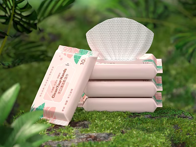 Natural Cleansing Wipes With Soft Tissue Fresh Green Background And Stacked Packaging 3d model