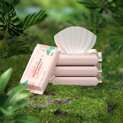 Natural Cleansing Wipes With Soft Tissue Fresh Green Background And Stacked Packaging 3d model