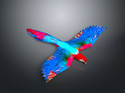 Colorful Parrot Flying with Spread Wings and Red Blue Green Feathers Against Gray Gradient Background 3d model