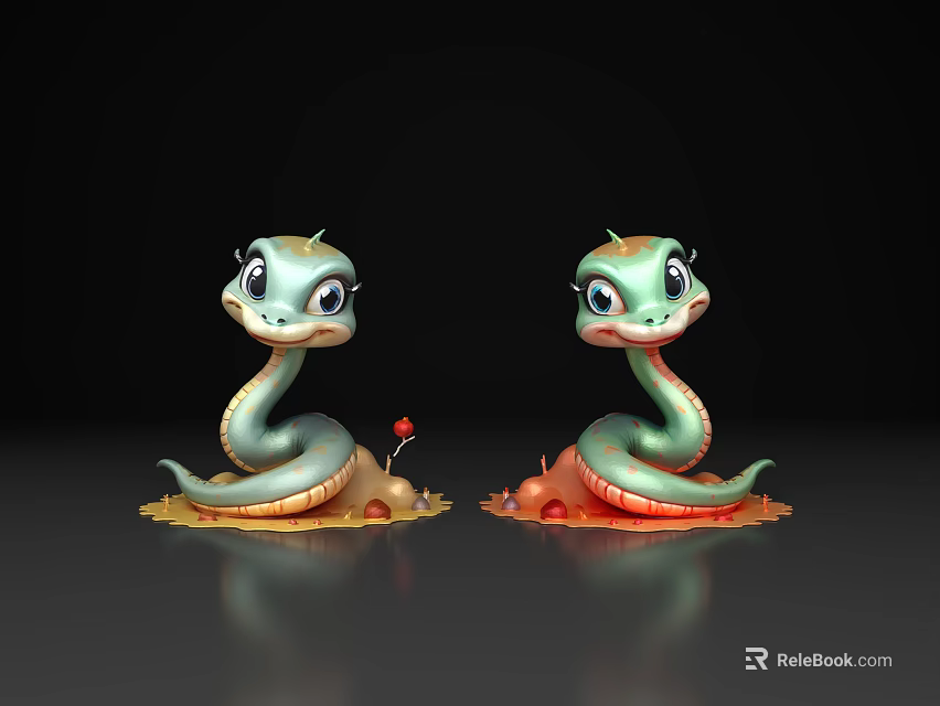 Two Green Snake Figurine Decorative Ornament Set With Colorful Base And Red Accents 3d model 