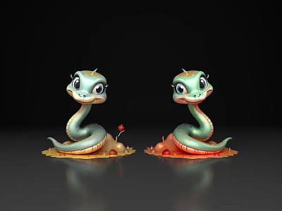 Two Green Snake Figurine Decorative Ornament Set With Colorful Base And Red Accents 3d model