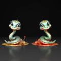Two Green Snake Figurine Decorative Ornament Set With Colorful Base And Red Accents