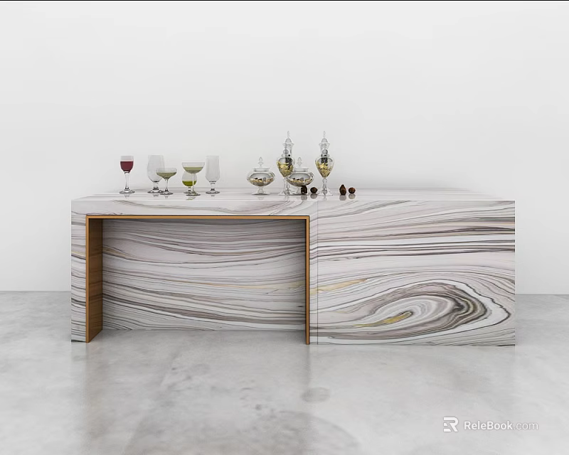 Modern Elegant Bar Counter With Marble Texture Surface And Wine Glasses Bottles 3d model 