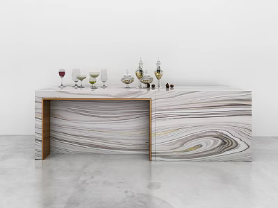 Modern Elegant Bar Counter With Marble Texture Surface And Wine Glasses Bottles 3d model
