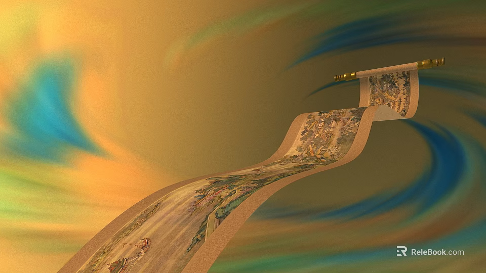 Desk Displaying Ancient Scroll Painting With Landscape Figures And Yellow Blue Cloud Background 3d model 