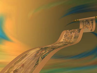 Desk Displaying Ancient Scroll Painting With Landscape Figures And Yellow Blue Cloud Background 3d model
