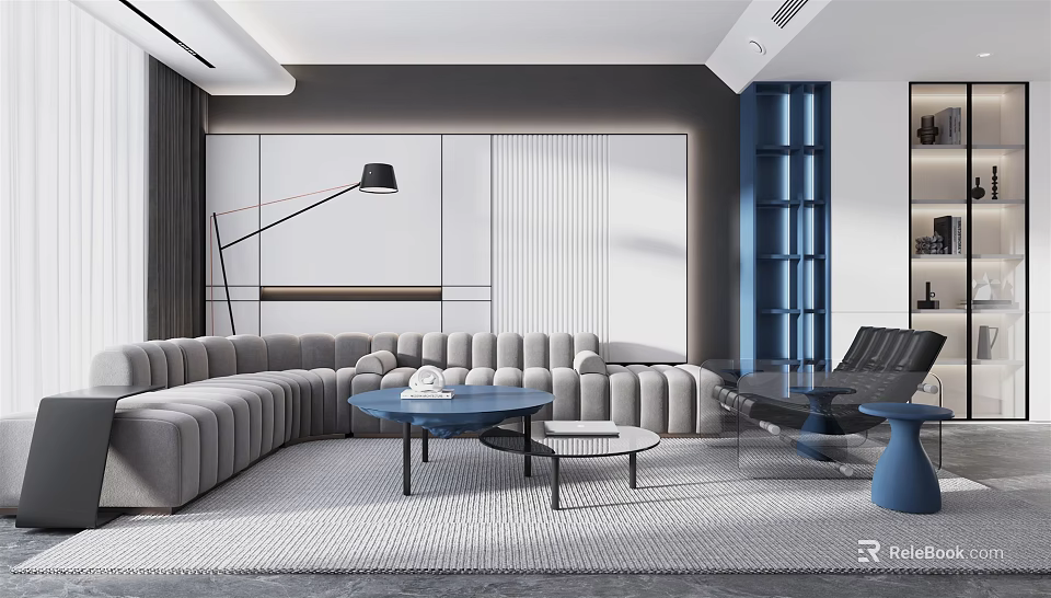 Spacious Modern Living Room With Grey Sectional Sofa And Blue Decorative Elements 3d model