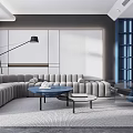 Spacious Modern Living Room With Grey Sectional Sofa And Blue Decorative Elements 3d model