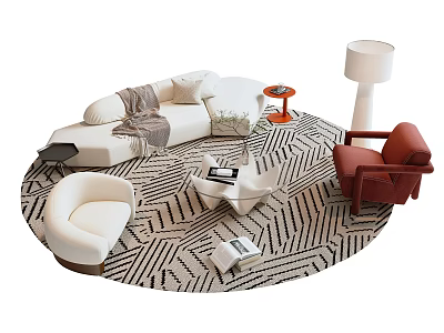 Modern Living Room Sofa Coffee Table Set With White Couch Red Armchair And Geometric Rug 3d model