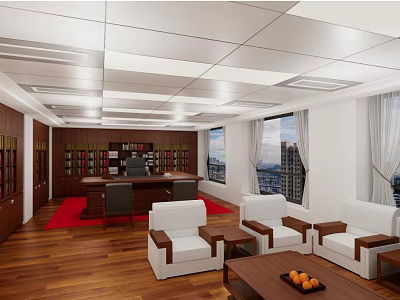 Modern Office Interior Design Featuring Wooden Floor White Sofas Red Carpet And City View Windows 3d model