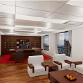 Modern Office Interior Design Featuring Wooden Floor White Sofas Red Carpet And City View Windows