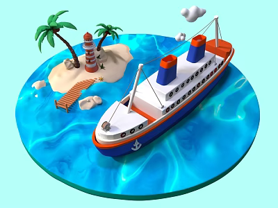 Cruise Ship Sailing Near Tropical Island With Palm Trees Lighthouse And Wooden Dock 3d model