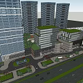 Modern Hotel Building With Green Roof And Plaza In Urban High Rise Complex