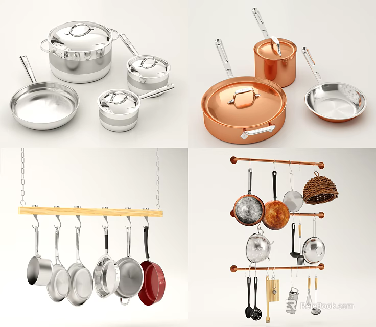Stainless Steel And Copper Cookware Set With Hanging Rack And Various Pans 3d model 