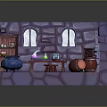 Magic Alchemy Room Interior With Stone Walls Arched Windows Wooden Door Cauldron And Potion Shelves