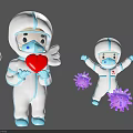 Cartoon Protective Suit Characters with Angel Wings Holding Red Heart and Chasing Purple Viruses