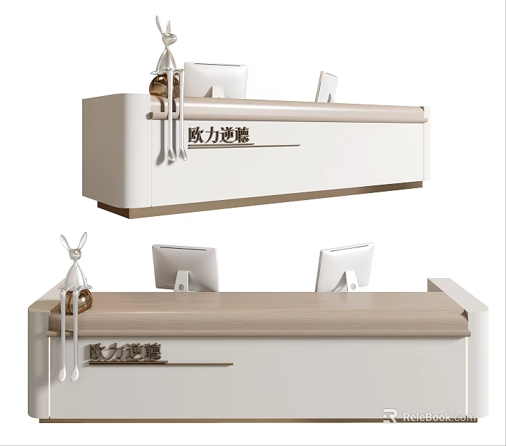 Sleek Modern Reception Desk In White With Light Colored Countertop And Computer Monitors 3d model 