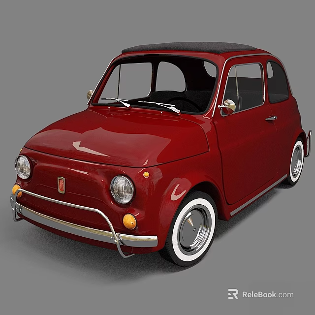 Red Vintage Compact Car With Black Roof Round Headlights And White Wall Tires 3d model 