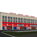 Fire Station Office Building With Red Exterior And Fire Trucks Parked In Front