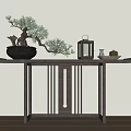 Zen Style Wooden Console Table With Bonsai Tree Lantern And Tea Set Decor 3d model