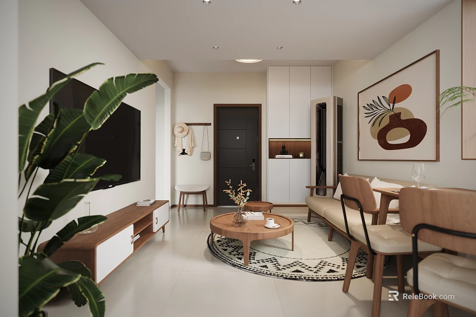 Modern Living Dining Room Interior With Sofa Dining Table Chairs Area Rug And Wall Art 3d model 