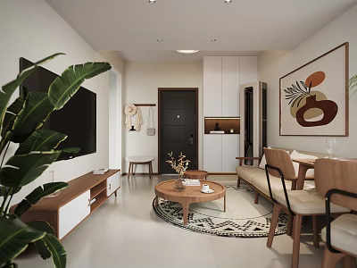 Modern Living Dining Room Interior With Sofa Dining Table Chairs Area Rug And Wall Art 3d model