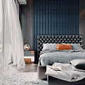 Modern Dark Blue Bedroom Interior With Black Upholstered Headboard Orange Pillows And Paneled Walls